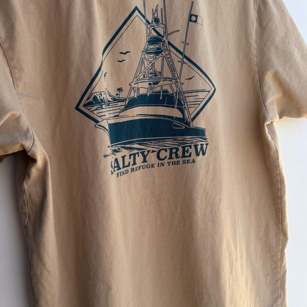 Salty Crew Tan Short Sleeve Tee with Navy Boat Graphic